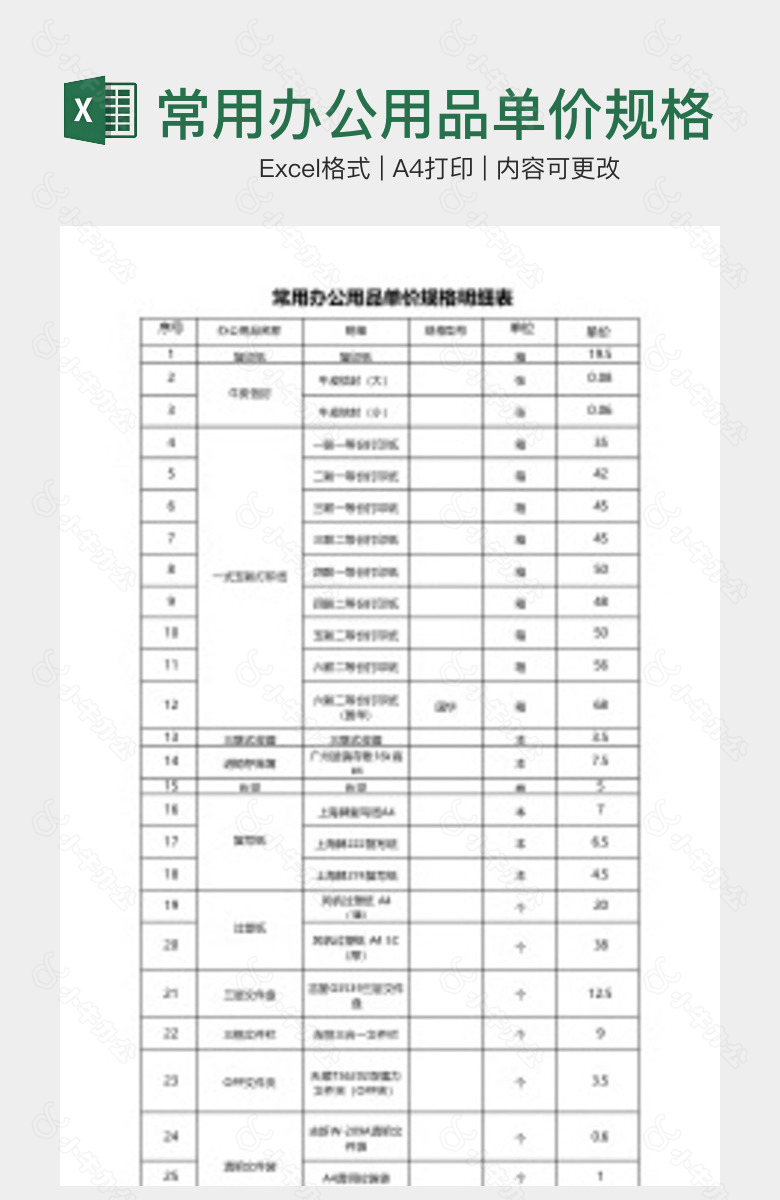 常用办公用品单价规格明细表