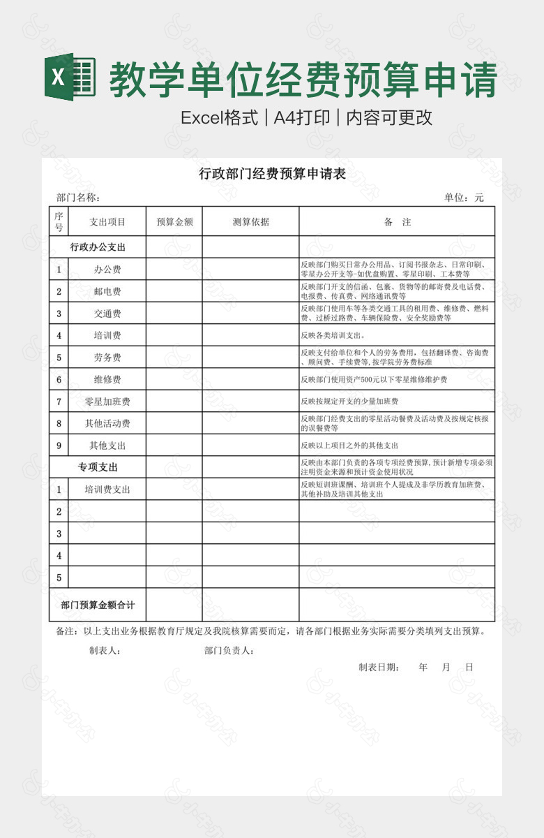 教学单位经费预算申请表