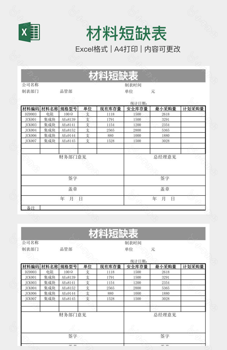 材料短缺表