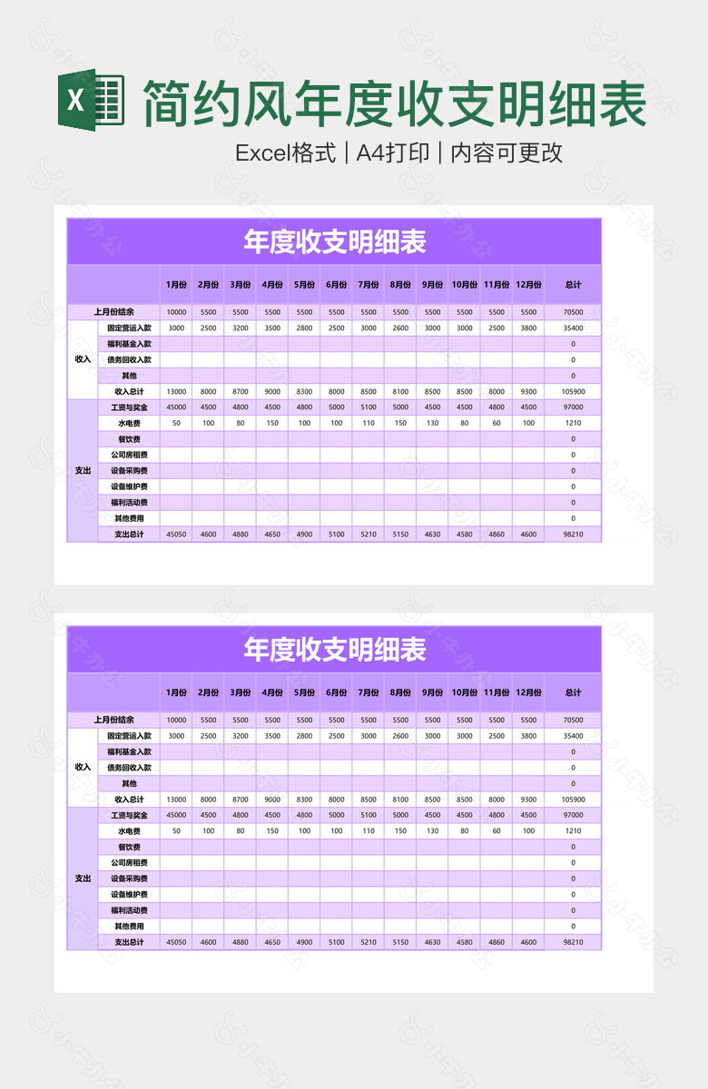 简约风年度收支明细表