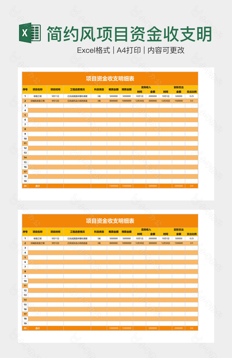 简约风项目资金收支明细表
