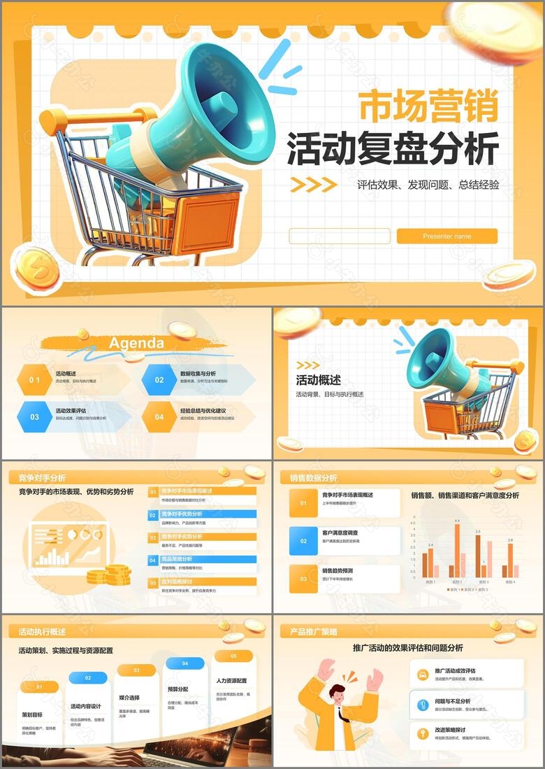 橙色3D风活动复盘分析PPT模板