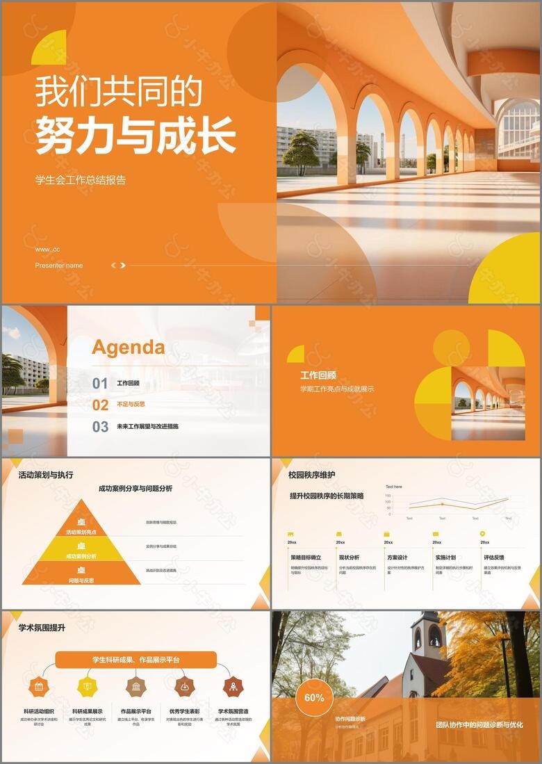 橙色商务学生会工作总结PPT模板