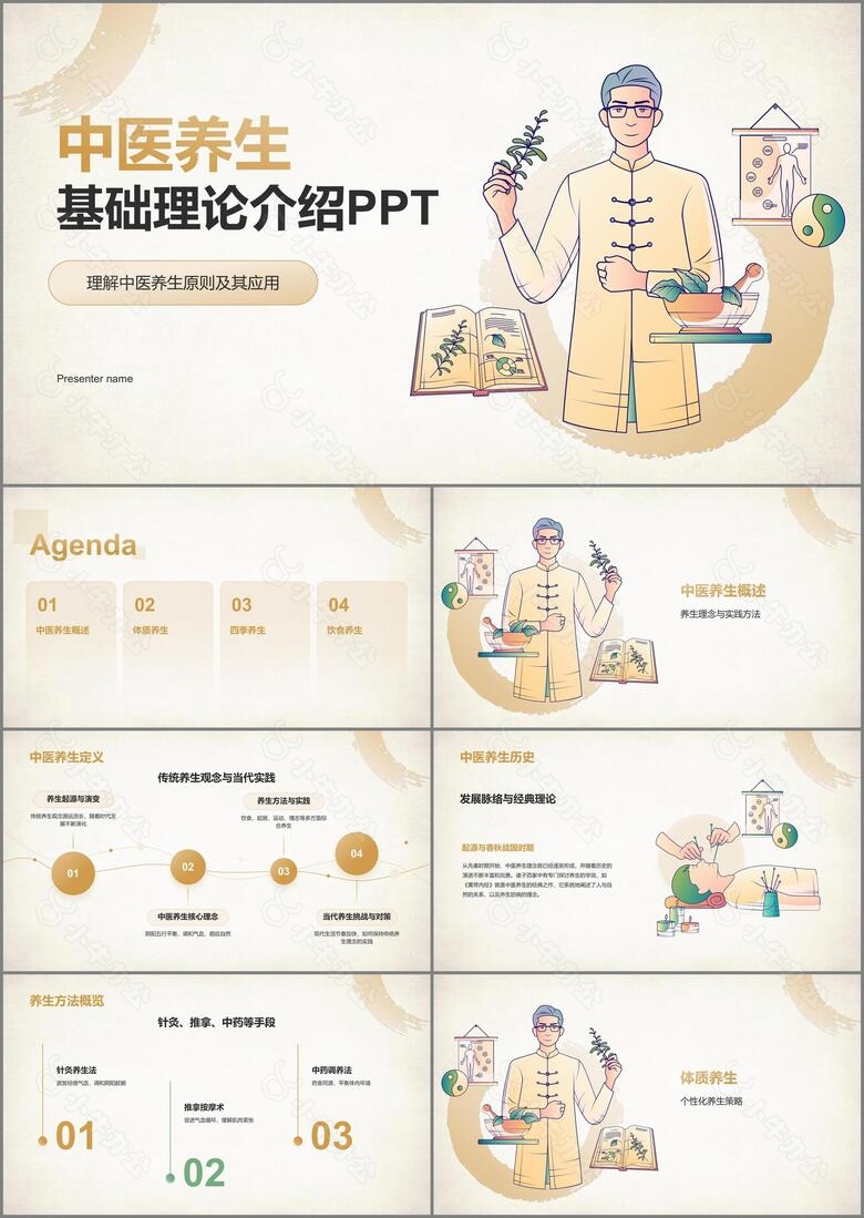 橙色复古风中医养生基础理论介绍PPT模板