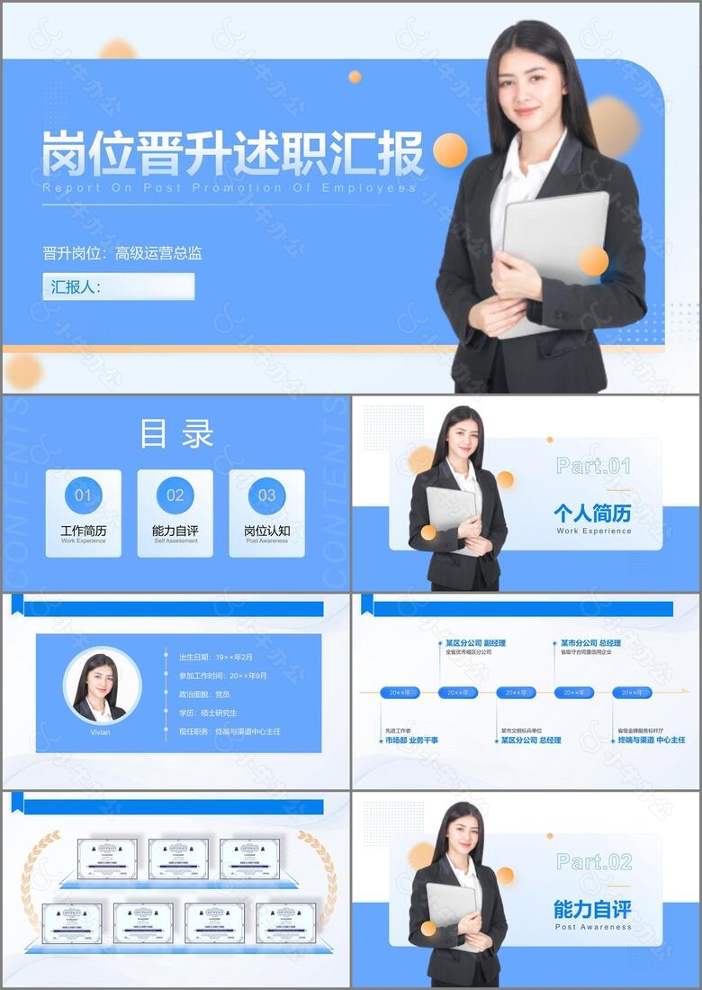 蓝橙色商务风岗位晋升述职汇报PPT模板
