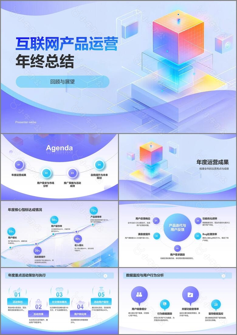 蓝色3D风互联网产品运营年终总结PPT模板