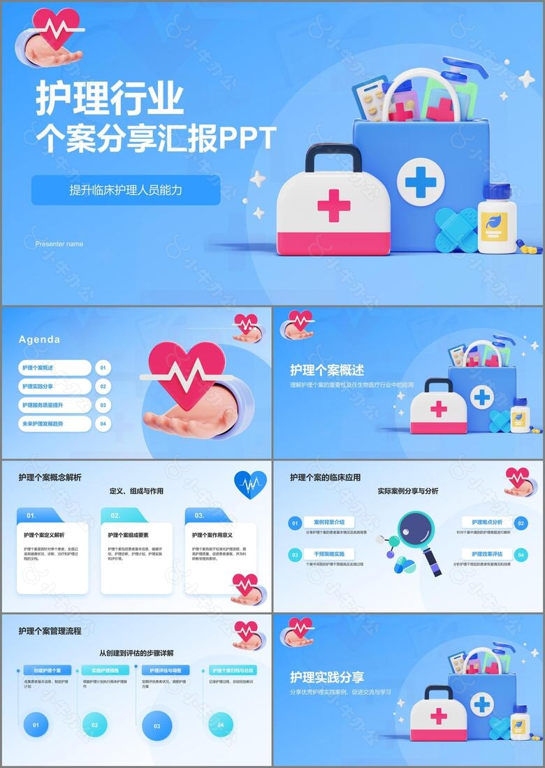 蓝色3D风护理个案分享汇报PPT模板