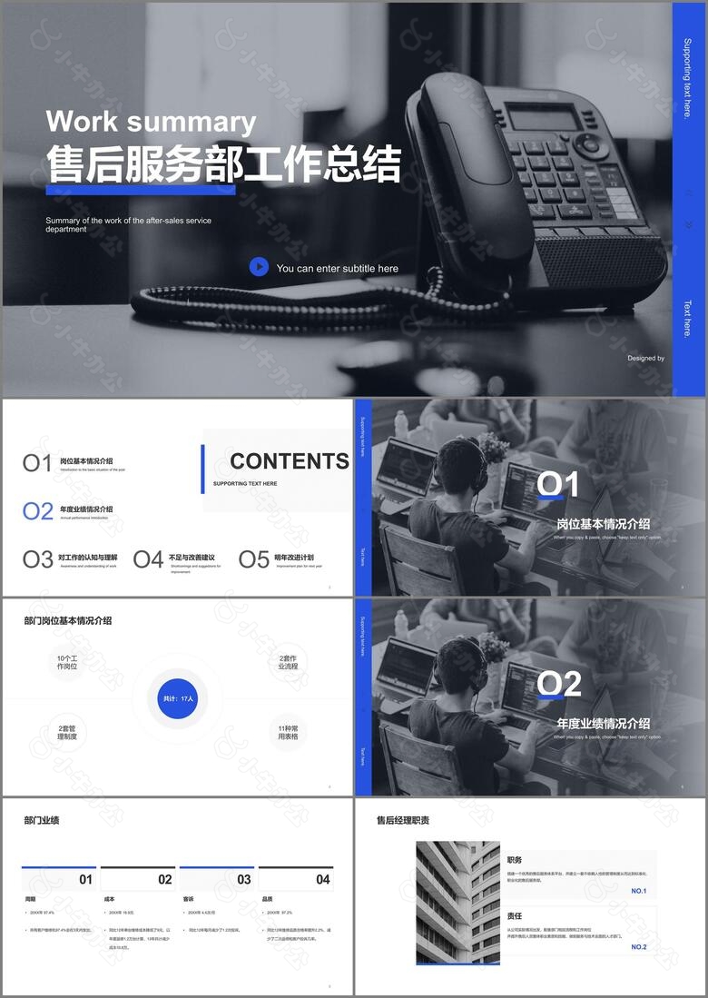 蓝色售后客服工作总结年终总结PPT案例