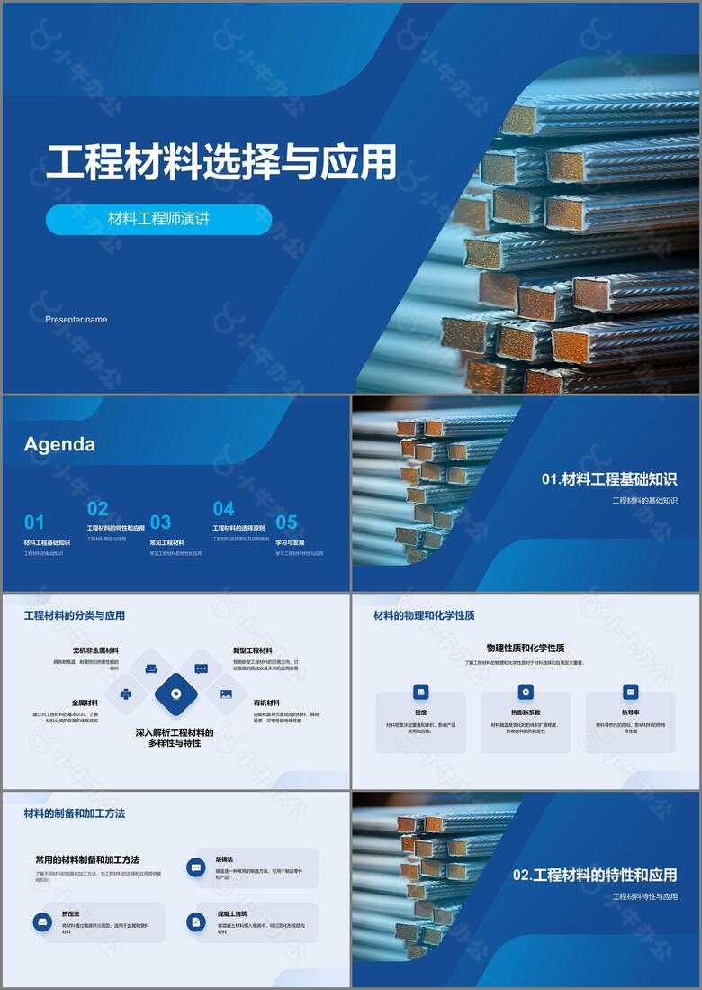 蓝色商务简约工程材料建材介绍PPT模板