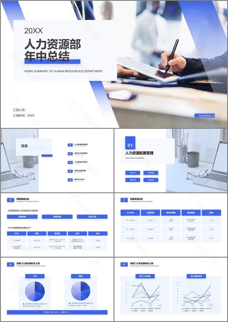 蓝色渐变插画风人力资源部年中总结汇报PPT素材