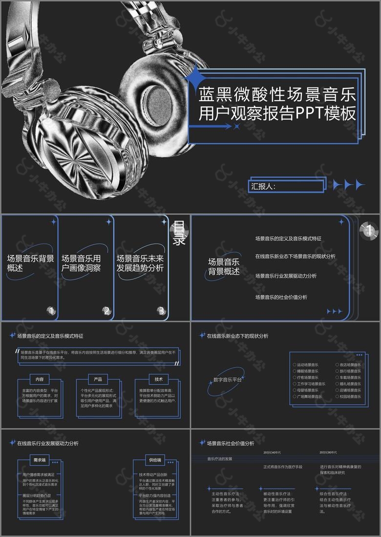 蓝黑微酸性场景音乐用户观察报告PPT模板