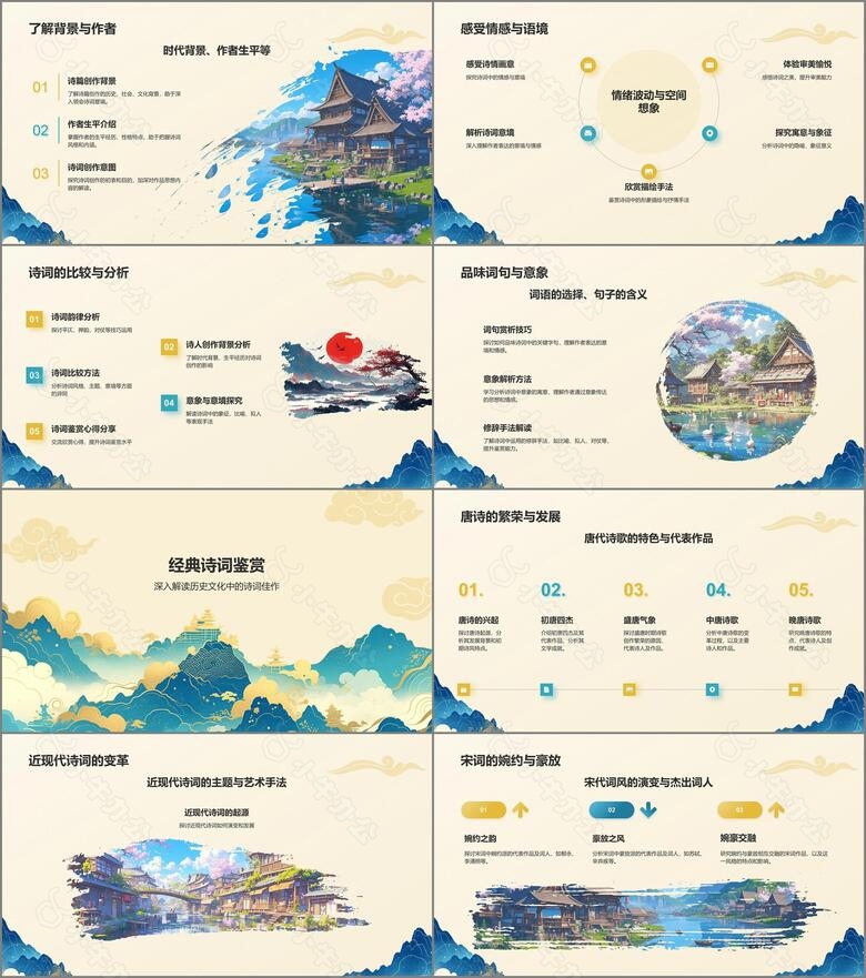 黄色国潮风国潮山水中国风语文教学课件PPT模板no.2