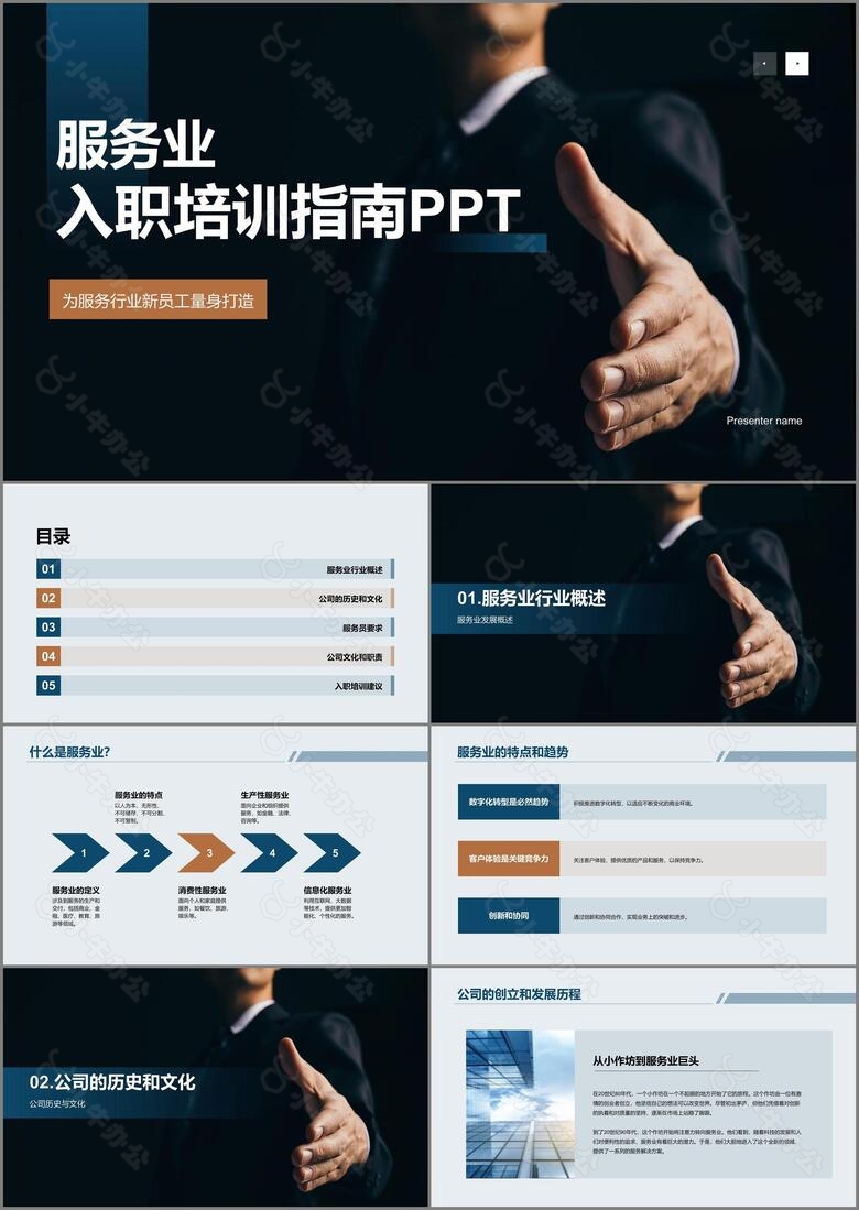 黑色商务现代服务业入职培训指南PPT模板