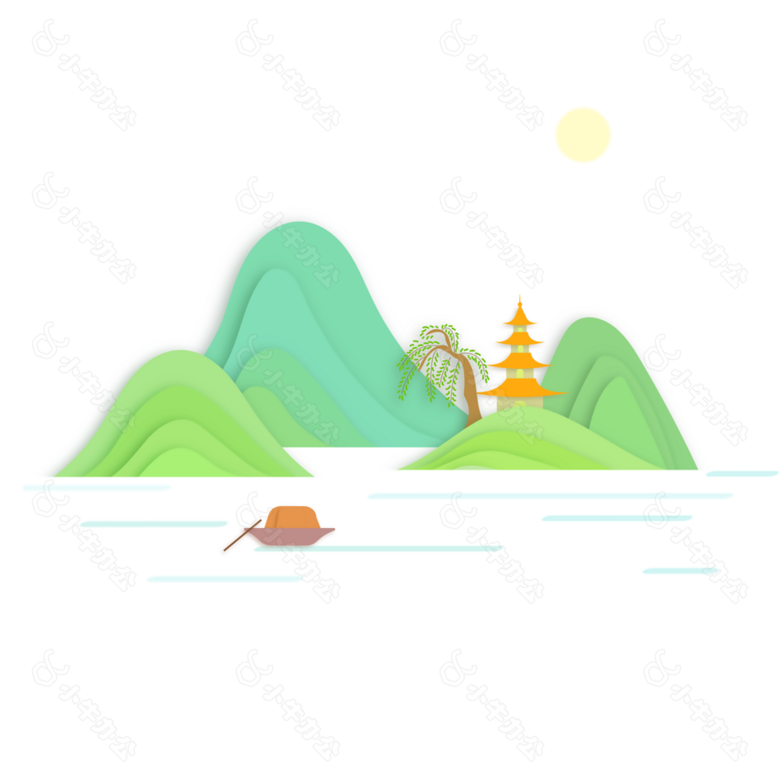 绿水青山中国风主题风景插画