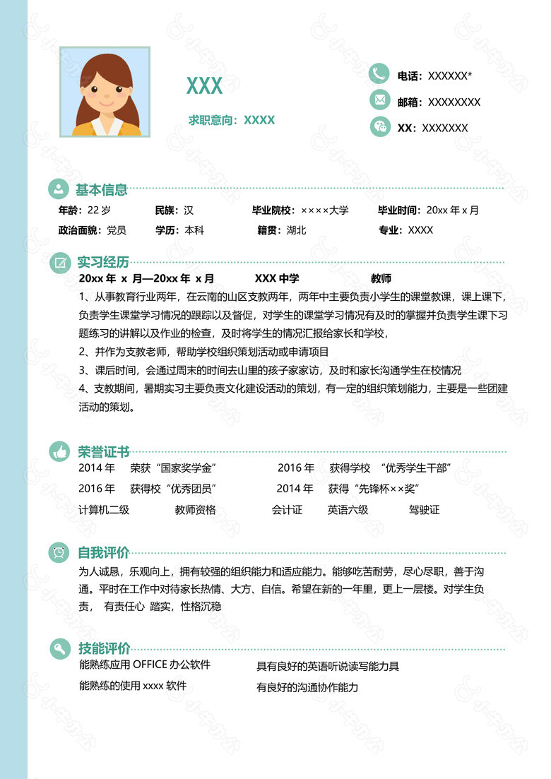 清新水彩风个人求职简历四页no.2