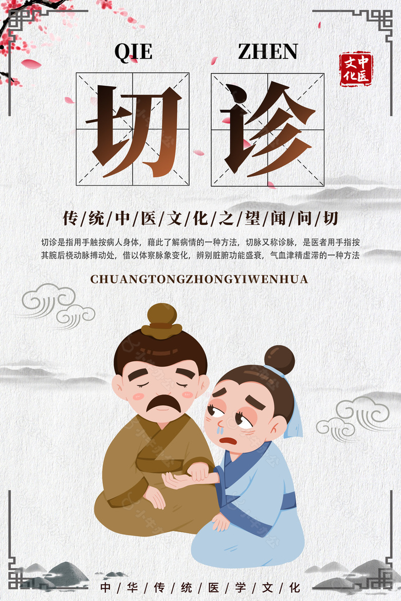 卡通可爱传统中医文化之切诊宣传海报